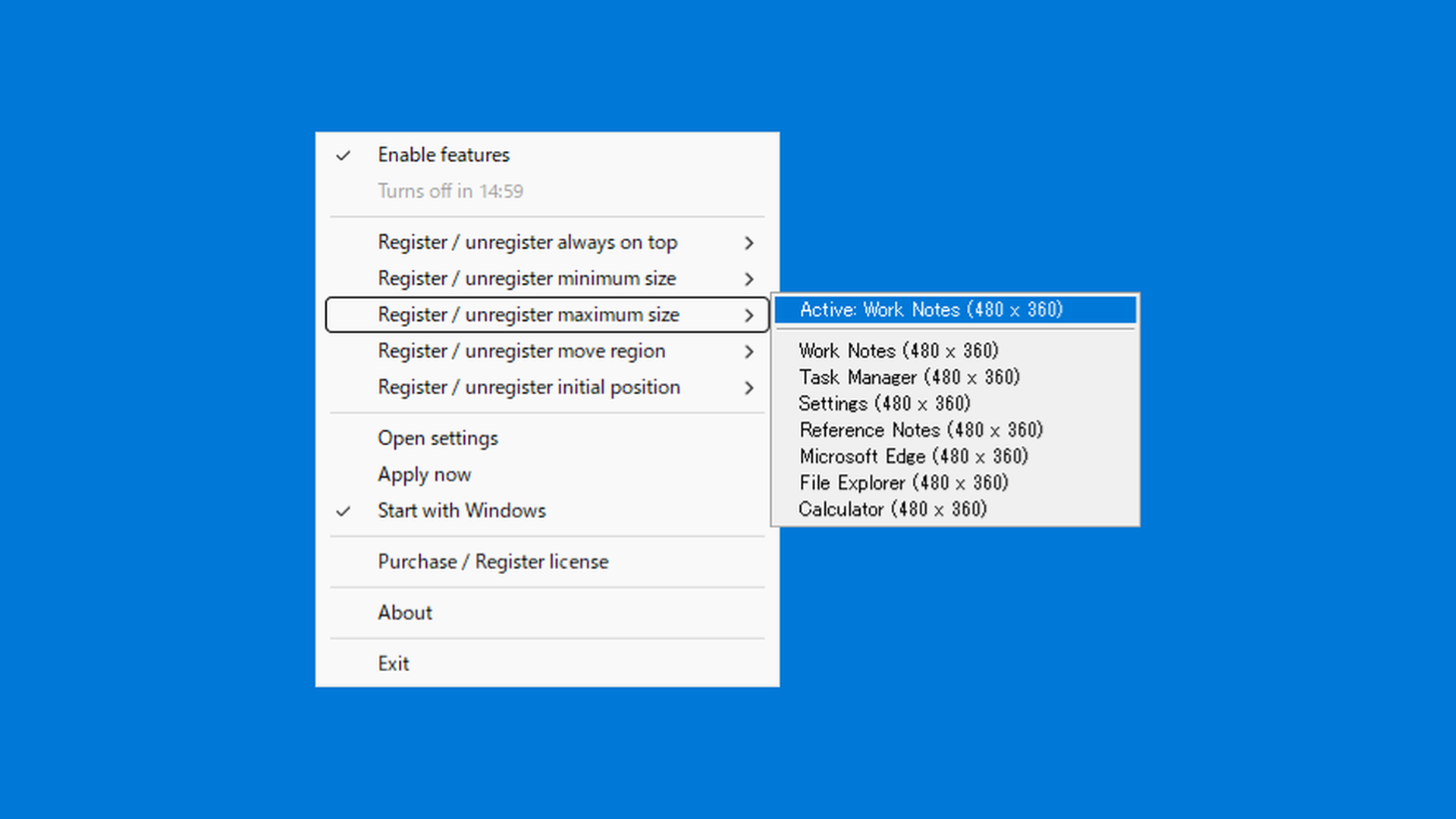 Maximum size register and clear menu