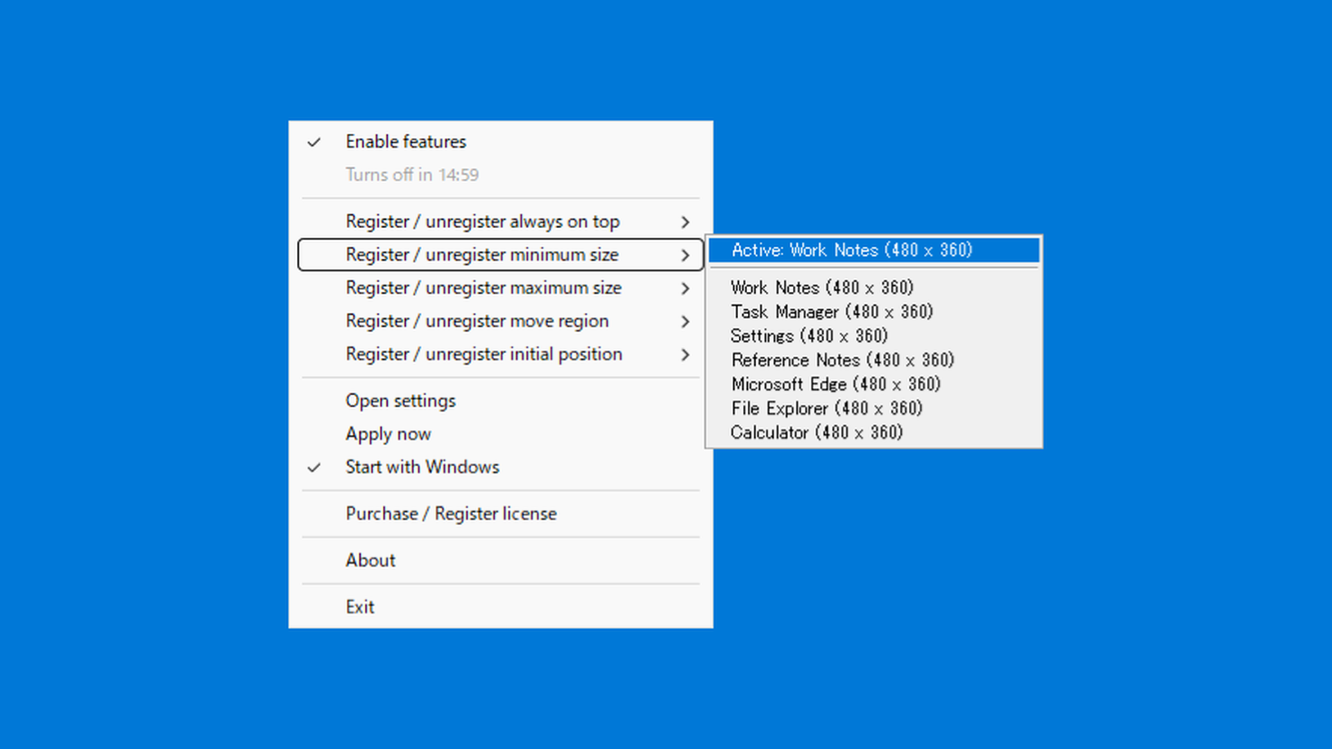 Minimum size register and clear menu