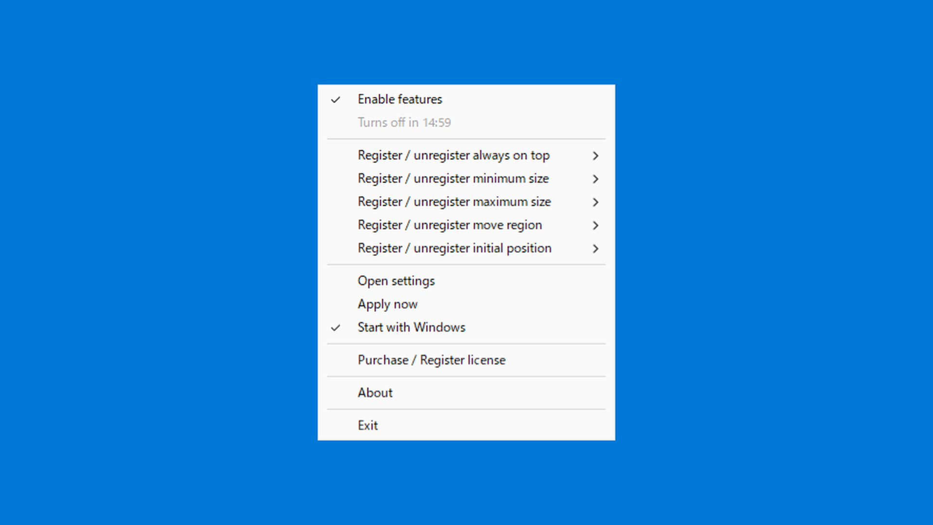 Full tray menu with Enable features, five register menus, trial timer, and license items