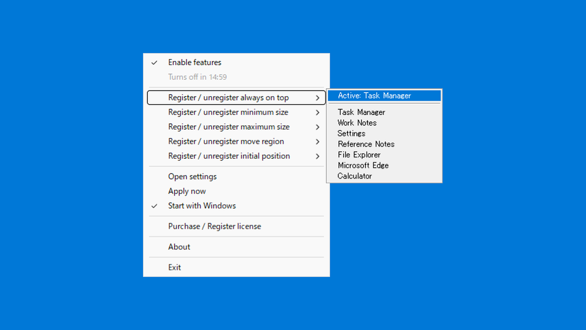 Always-on-top register and clear with foreground window row and window list
