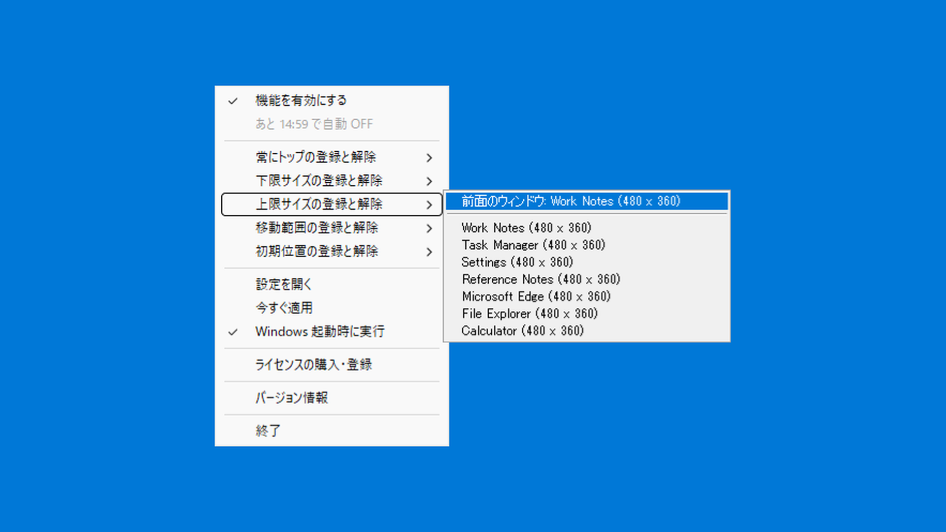 上限サイズの登録と解除メニュー