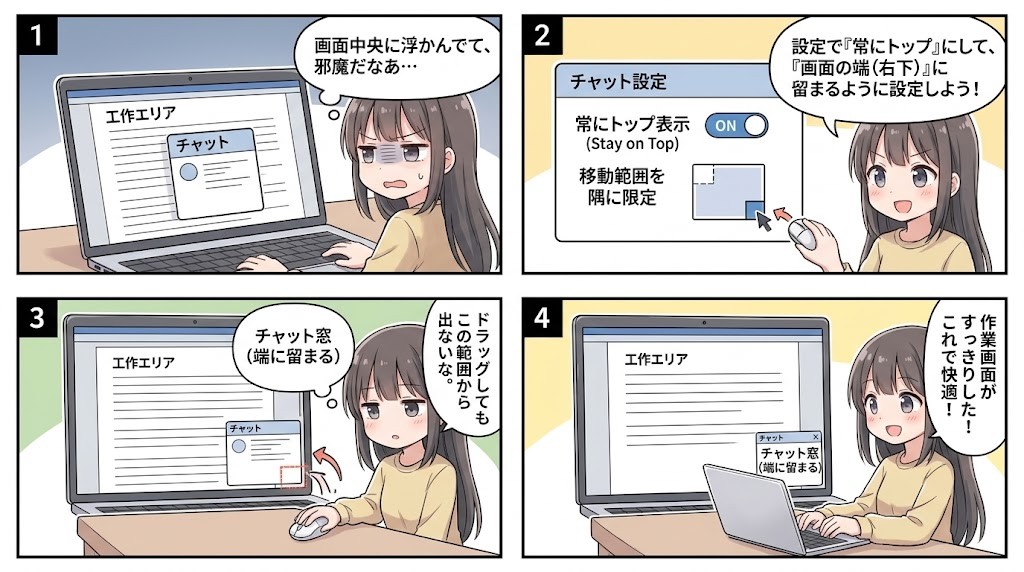 チャットが邪魔な困りごとから設定・解決までの4コマ