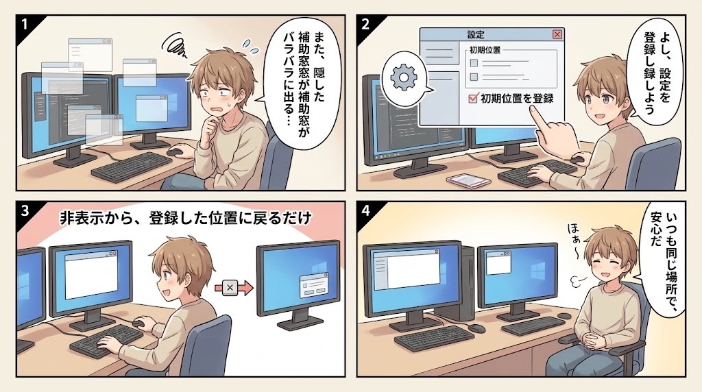 位置がバラバラな困りごとから設定・解決までの4コマ