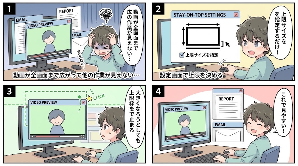 大きくなりすぎるプレビューの困りごとから設定・解決までの4コマ