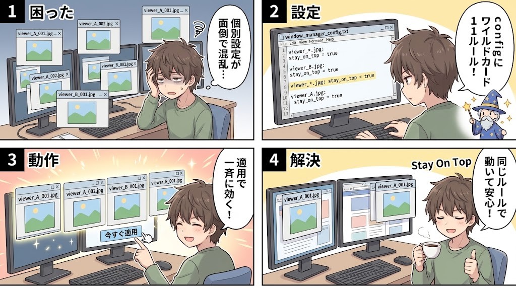 似た窓の困りごとから設定・解決までの4コマ
